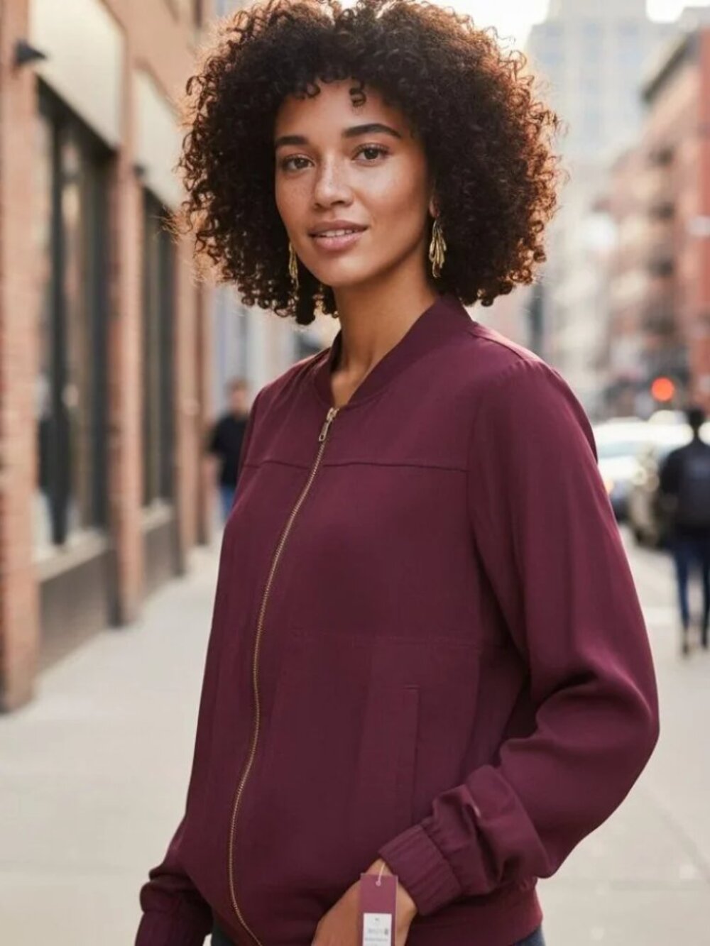 MERONA Lightweight Bomber Jacket L Wild Cherry Large Full Zipper Wine Red Rayon